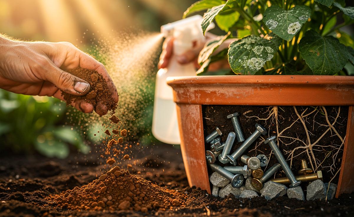 Illustration von drei einfachen Garten-Hacks: Kaffeesatz für Bodenleben, Milchspray gegen Mehltau und für Blattglanz, Schrauben und Kies als Drainageschicht im Topf