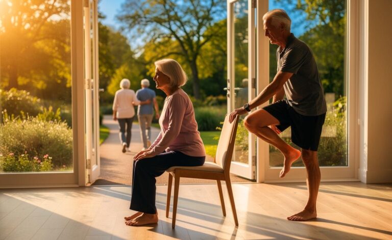 Illustration von drei einfachen Übungen für ein beschwerdefreies Alter: Sitz-zu-Stand, Einbeinstand und Intervallgehen, ärztlich empfohlen