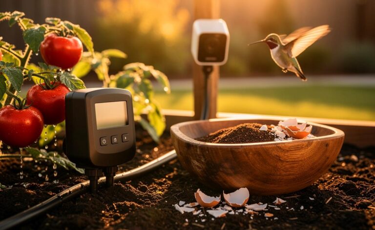 Illustration von drei Haushaltsgegenständen – einer intelligenten Bewässerungsuhr, Kaffeesatz mit Eierschalen und einer Gartenkamera – die einen üppigen, modernen Garten revolutionieren.