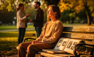 Illustration von einer Person, die lächelnd auf einer Parkbank sitzt, während sie bewusst die Umgebung betrachtet, eine zweite Person macht einem Fremden ein Kompliment und eine dritte blättert in einem nostalgischen Fotoalbum.