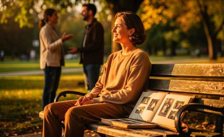 Illustration von einer Person, die lächelnd auf einer Parkbank sitzt, während sie bewusst die Umgebung betrachtet, eine zweite Person macht einem Fremden ein Kompliment und eine dritte blättert in einem nostalgischen Fotoalbum.