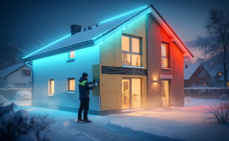 Illustration von [einem neuen, umweltfreundlichen Dämmstoff ab 2024 für die Gebäudedämmung, der Heizkosten deutlich reduziert]