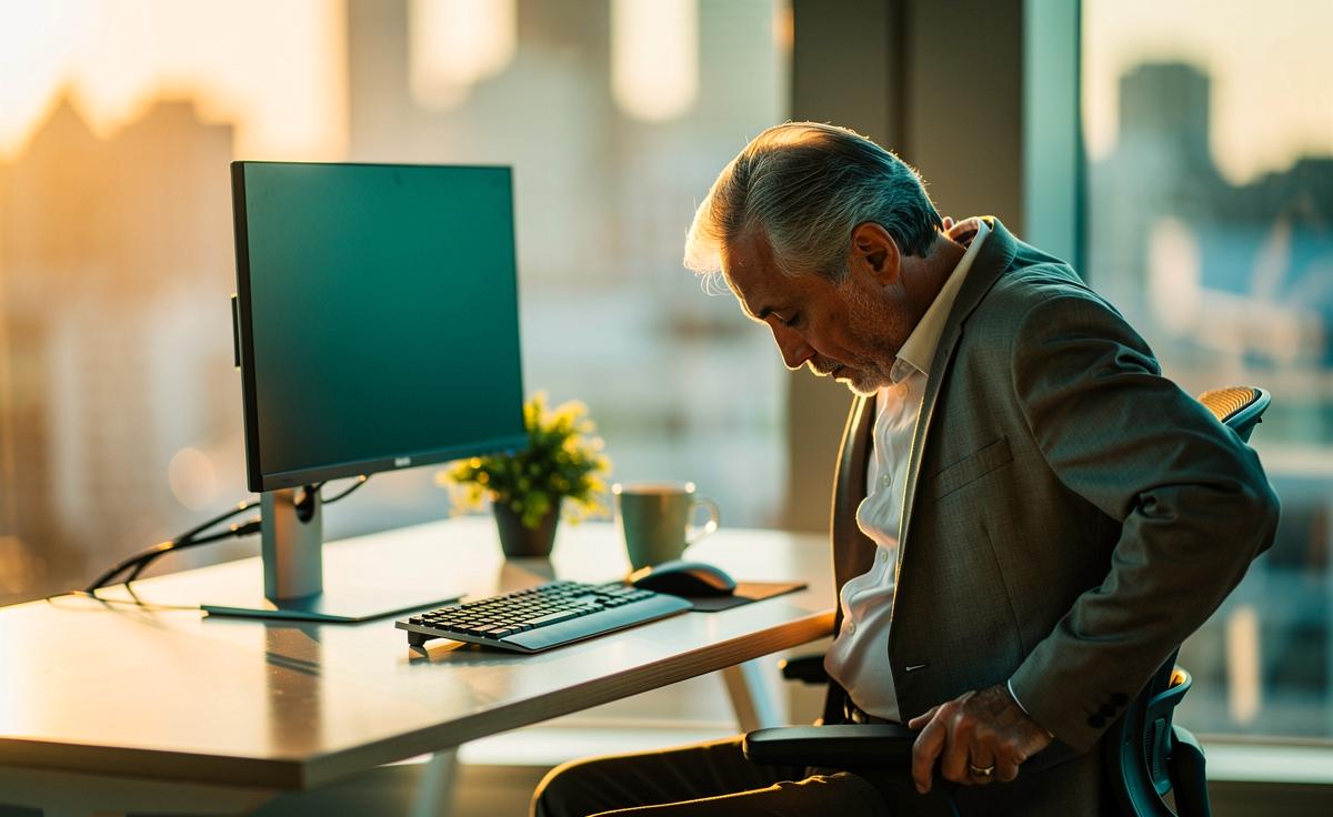 Illustration von einer Person ab 57 Jahren, die am Schreibtisch eine kurze Nackenübung zur Schulterentspannung nach physiotherapeutischer Empfehlung ausführt