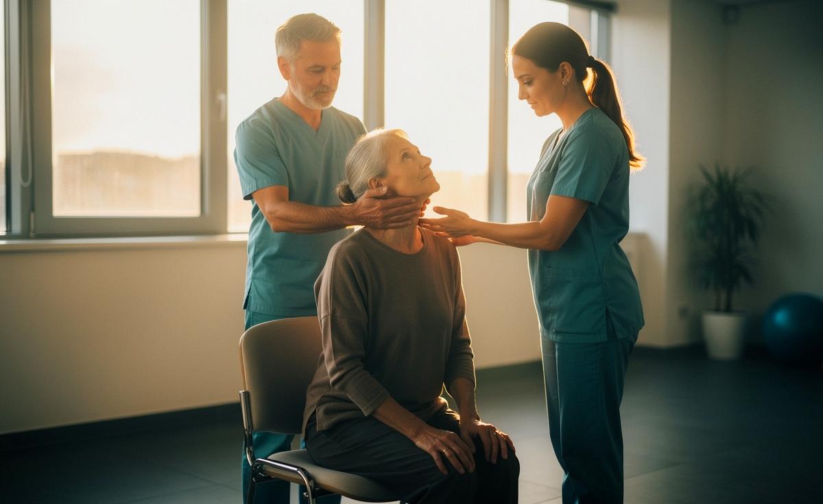 Illustration von einer älteren Person, die im Sitzen eine kurze Nackenübung zur Entspannung der Schultern ausführt