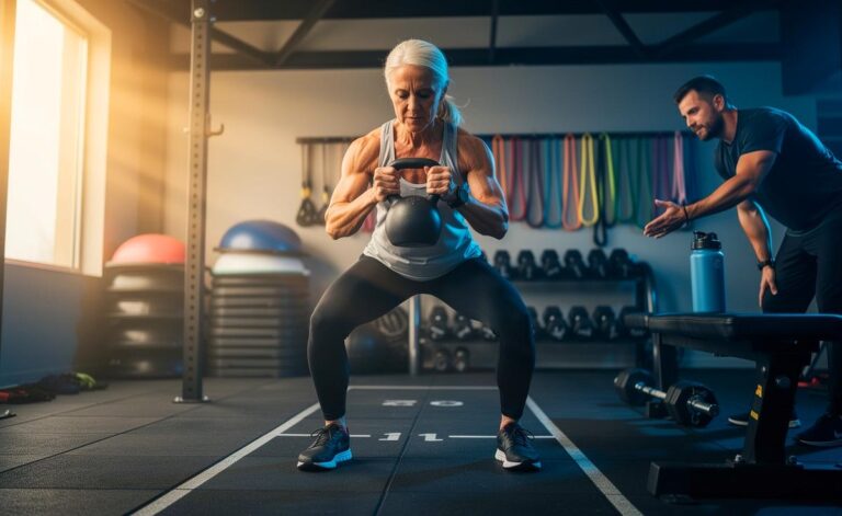 Illustration von einer Person ab 60 beim sicheren Krafttraining im Fitnessstudio zur Vorbeugung von Sarkopenie