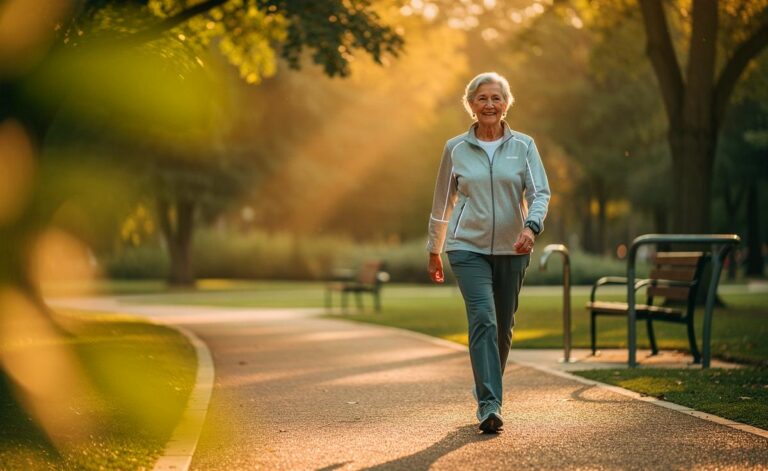 Illustration von einer älteren Person ab 60 Jahren beim ärztlich empfohlenen kurzen täglichen Spaziergang zur Förderung von Gleichgewicht und Selbstständigkeit