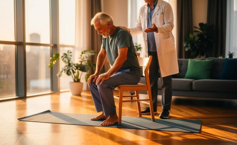 Illustration von [einer älteren Person, die die Sitz-zu-Stand-Übung vom Stuhl unter ärztlicher Anleitung ausführt]