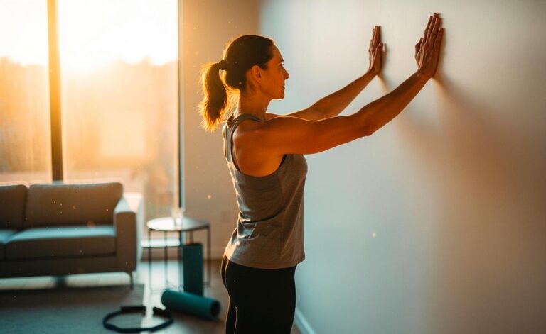 Illustration von [einer einfachen Wanddehnung zur schnellen Schulteraktivierung als effiziente Alternative zu langen Morgenroutinen]
