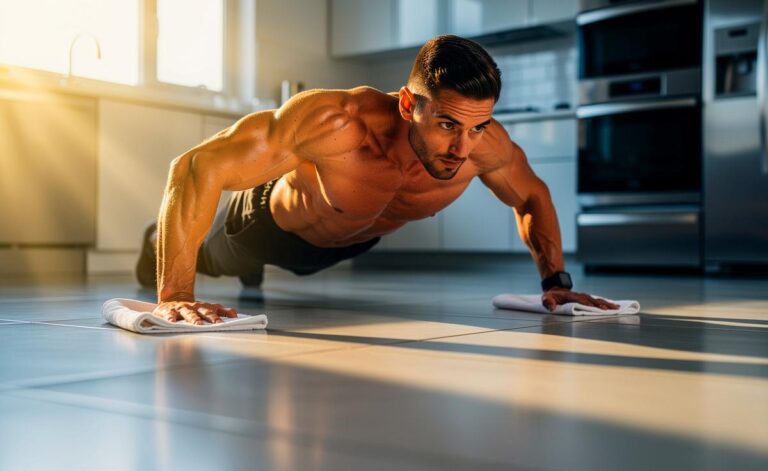 Illustration von [der einfachen Handtuch‑Gleitübung in der Küche zur Stärkung der Rumpfmuskulatur]