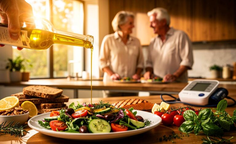 Illustration von einer Seniorin und einem Senior, die eine mediterrane Mahlzeit mit Olivenöl, Fisch, Vollkorn und Gemüse zubereiten, um das Herzinfarktrisiko ab 60 Jahren zu senken