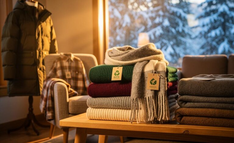 Illustration von [gemütlichen, nachhaltigen Wintertextilien (Merino-, Alpaka- und recyceltem Kaschmirstrick, RDS-Daunenjacke, GOTS-Flanell, rPET-Fleece) mit Zertifikatslabels (GOTS, RWS, RDS, OEKO-TEX) in einer warmen Wohnszene]