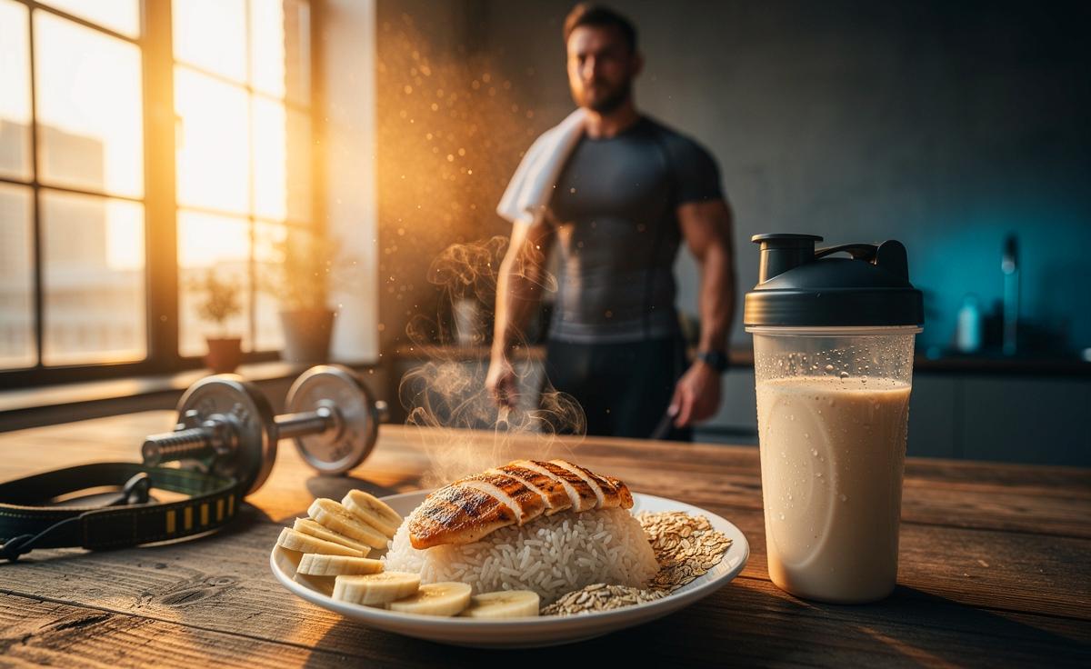 Illustration von einer Lebensmittelkombination aus Protein und Kohlenhydraten mit Leucin zur Förderung des Muskelaufbaus bei Erwachsenen nach dem Krafttraining