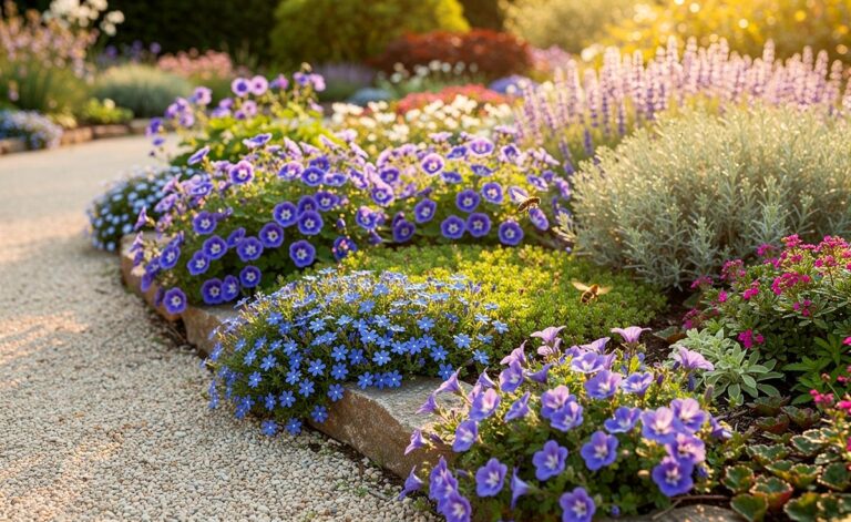 Illustration von pflegeleichten Bodendeckern, die Unkraut unterdrücken und den ganzen Sommer leuchtend blühen
