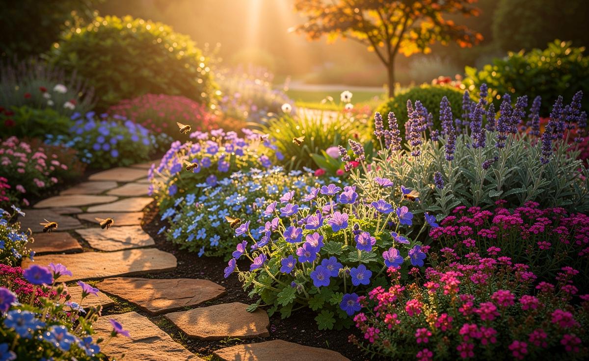 Illustration von einem dichten, sommerblühenden Bodendecker-Teppich, der den Garten unkrautfrei hält