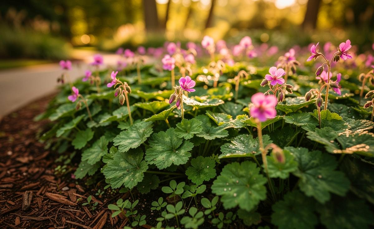 Illustration von Geranium macrorrhizum als dichter Bodendecker, der Mulchschichten ersetzt und Beete über drei Jahre unkrautfrei hält