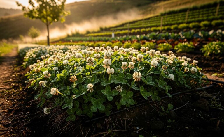 Illustration von einem dichten Weißklee-Bodendecker als lebender Mulch zur dreijährigen Unkrautunterdrückung und natürlichen Bodenverbesserung