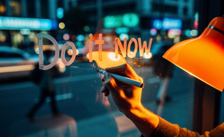 Illustration von einer Person, die einen simplen, aber wirkungsvollen mentalen Hack anwendet, um ihren überfüllten Alltag mit klaren, direkten Handlungsbefehlen zu strukturieren und so mentale Klarheit zu gewinnen.