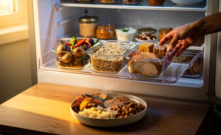 Illustration von einem 3-Boxen-Prep-Tablett im Kühlschrank, gefüllt mit vorbereiteten Basisbausteinen, Proteinen und Saucen für schnelle Alltagsgerichte