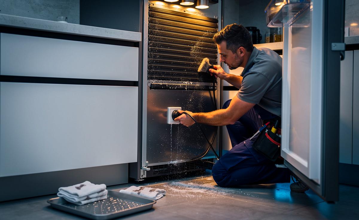 Illustration von einem Elektriker, der einen Haushaltskühlschrank monatlich komplett ausschaltet, um abzutauen, zu reinigen und die Kondensatorlamellen zu entstauben – für mehr Energieeffizienz, Hygiene und Sicherheit