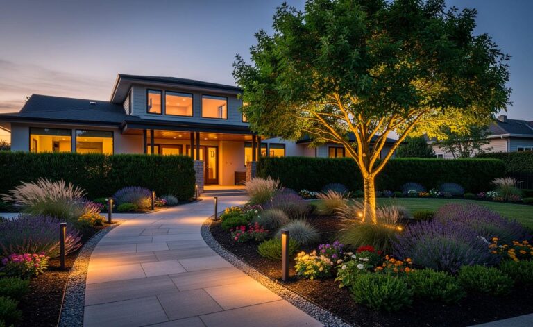 Illustration von einem strategisch bepflanzten Vorgarten mit Schattenbäumen, Sichtschutzhecke, Staudenbeet, Hardscape und Gartenbeleuchtung, der den Immobilienwert steigert