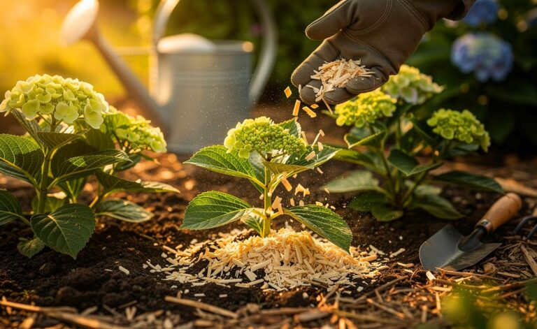 Illustration von der Ausbringung von Hornspänen im Frühjahr an Hortensien durch einen Gärtner