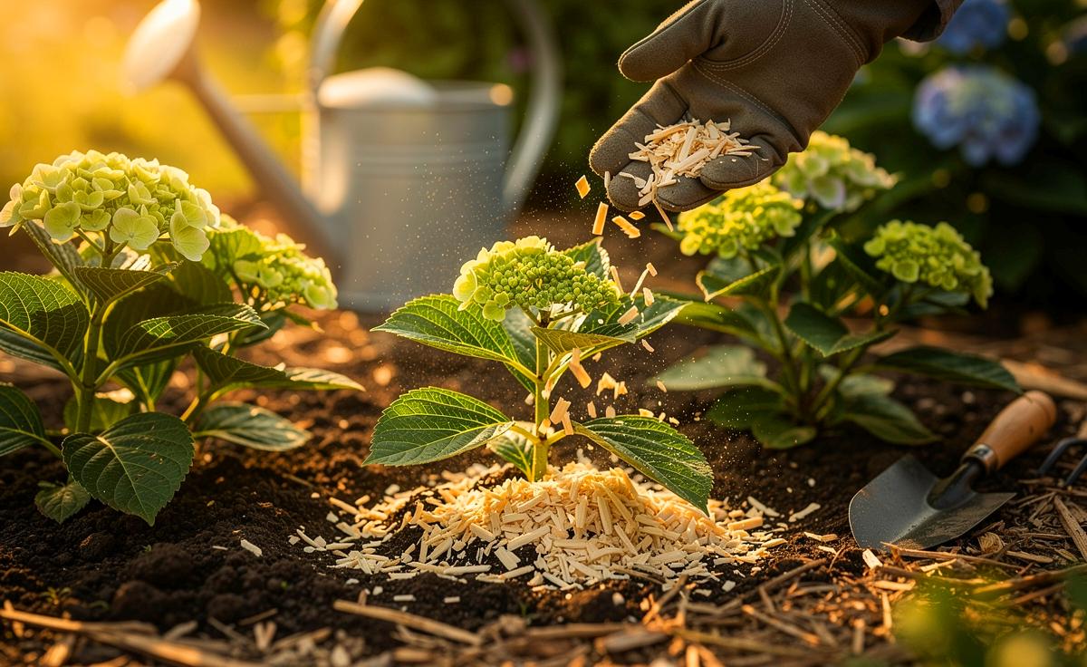 Illustration von der Ausbringung von Hornspänen im Frühjahr an Hortensien durch einen Gärtner