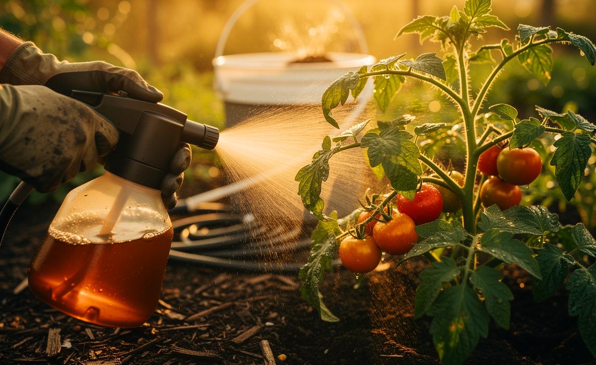 Illustration von einem Gärtner, der Komposttee auf Tomatenpflanzen im Garten ausbringt