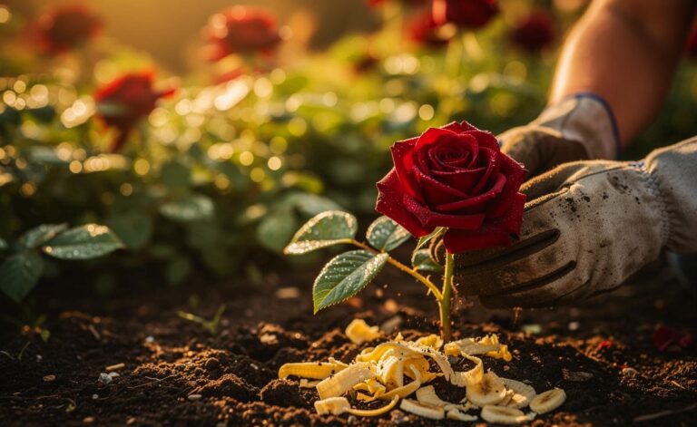 Illustration von Bananenschalen, die in den Boden eines Rosenbeets als organischer Dünger eingearbeitet werden