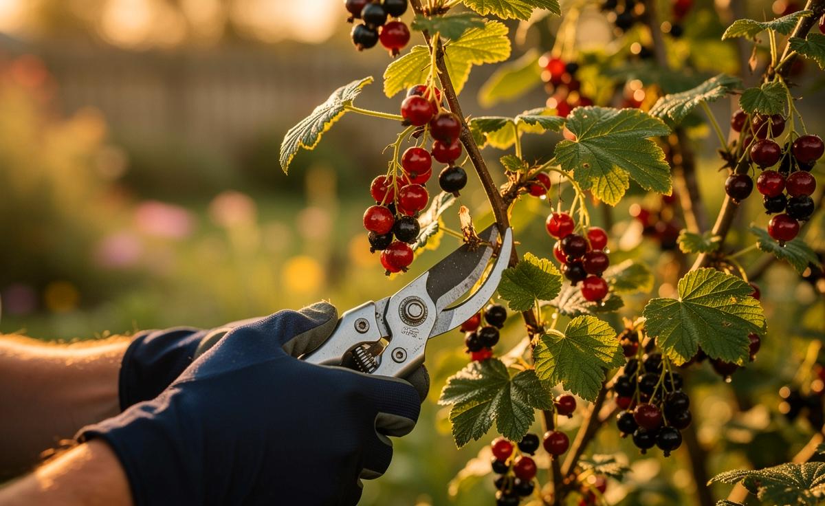 Illustration von einem Gärtner, der zeigt, wie Johannisbeersträucher richtig geschnitten werden, um besonders große und süße Früchte zu erzielen