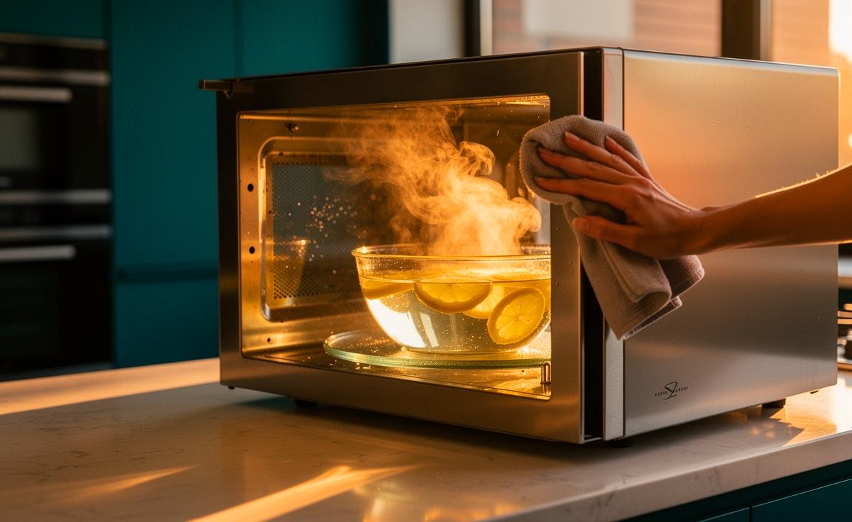 Illustration von der Dampfreinigung einer Mikrowelle mit Wasser und Zitrone statt Spülmittel