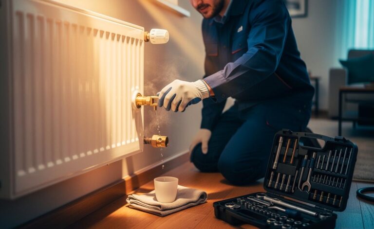 Illustration von einem Heizungsfachmann, der Thermostatventile am Heizkörper einmal jährlich entlüftet