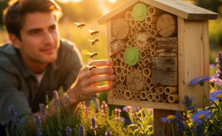 Illustration von einem Hobbyimker, der erklärt, wie ein Bienenhotel im heimischen Garten die Artenvielfalt fördert