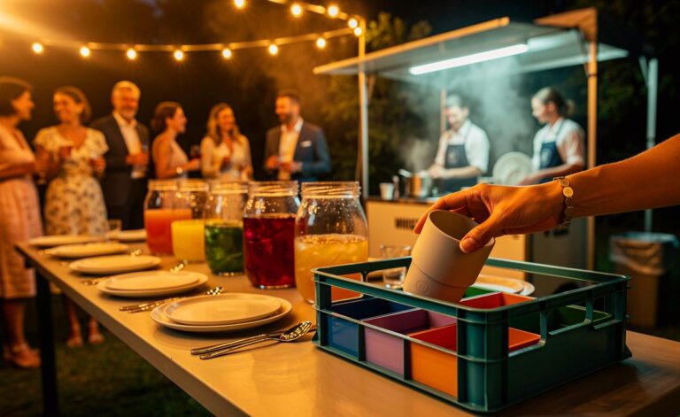 Illustration von Mehrweggeschirr auf einer Party mit Pfandsystem, Rückgabe- und Spülstationen sowie deutlich weniger Müll