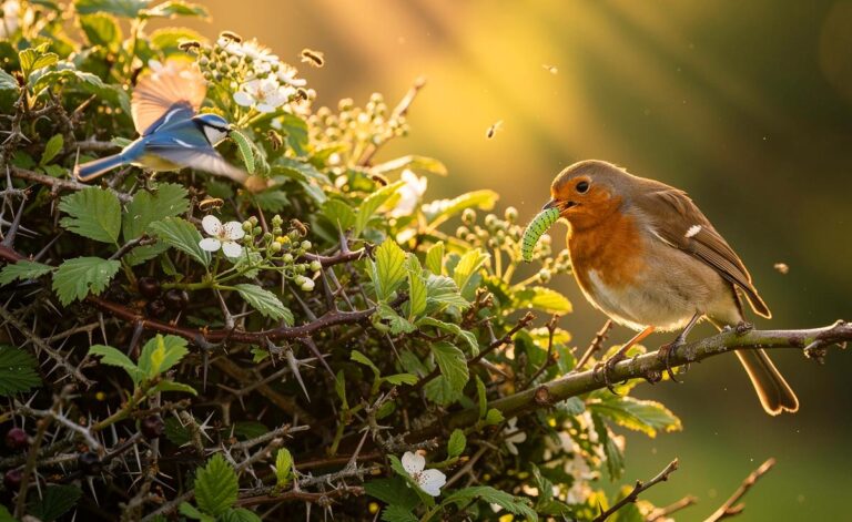 Illustration von einheimischen Sträuchern wie Haselnuss in einer gestuften Mischhecke, die über Blüte, Raupen und Früchte Gartenvögel anlocken