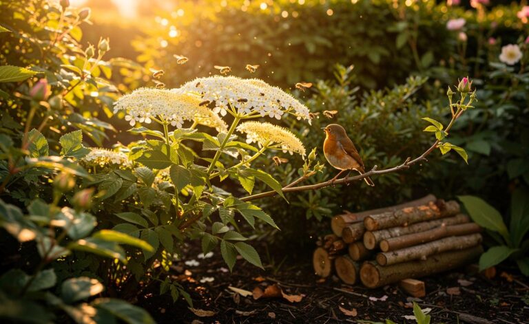 Illustration von [einheimischen Sträuchern wie Holunder, die Biodiversität, Bestäuber und Vögel im Garten fördern]