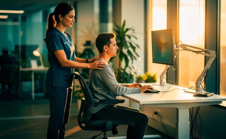 Illustration von einem Physiotherapeuten, der die richtige Sitzposition am Schreibtisch zur Vorbeugung von Verspannungen erklärt