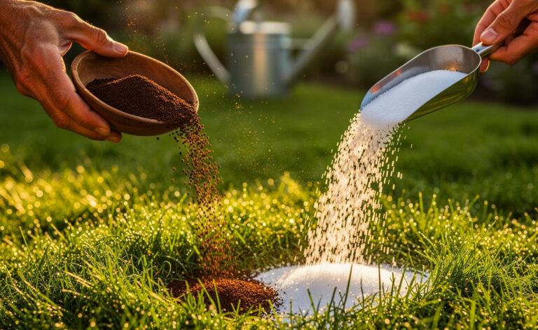 Illustration von Kaffeesatz und Bittersalz, die auf einen sattgrünen Rasen gestreut werden