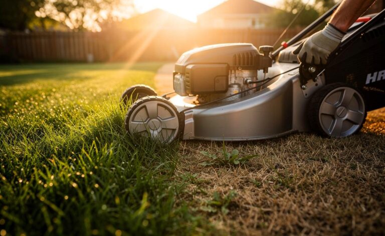 Illustration von [einem höher eingestellten Rasenmäher, der die Drittelregel beim Schnitt einhält und einen zu kurzen Schnitt vermeidet]
