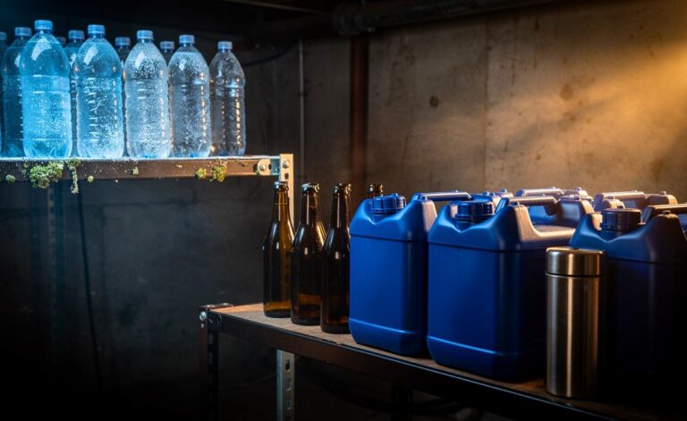 Illustration von Wasservorräten in HDPE-Kanistern, dunkel und trocken gelagert bei konstanter, kühler Temperatur statt kalter Lagerung