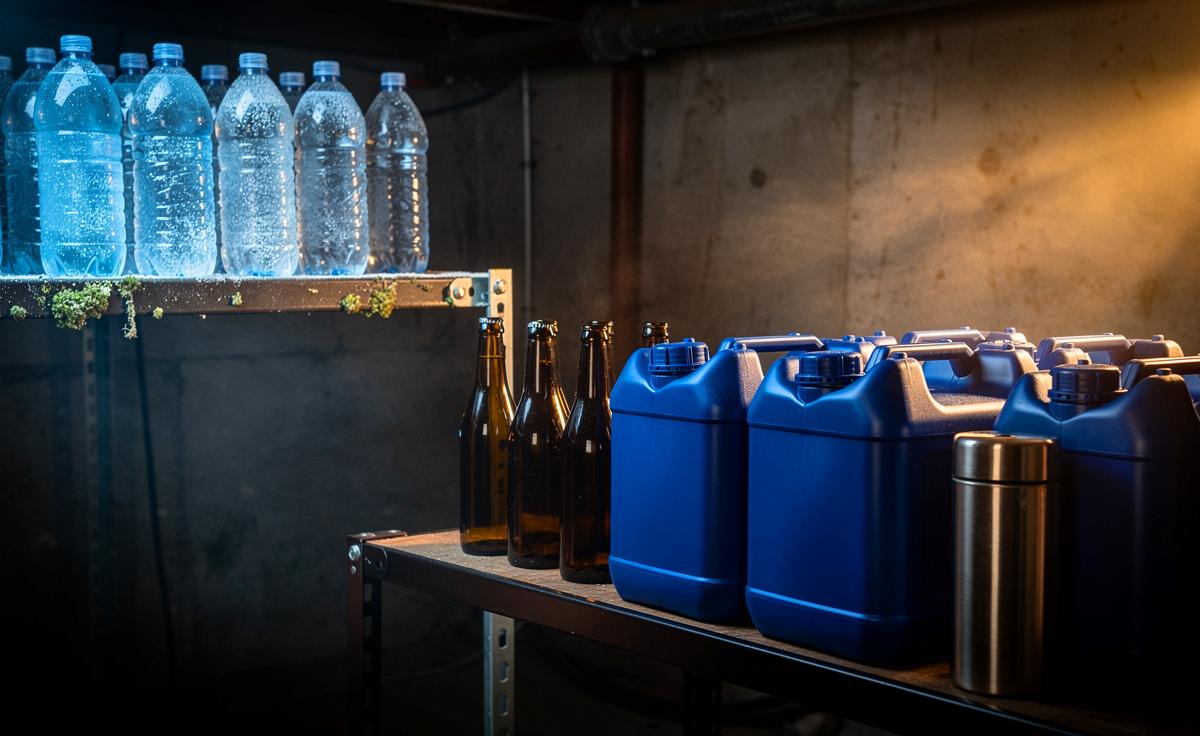 Illustration von Wasservorräten in HDPE-Kanistern, dunkel und trocken gelagert bei konstanter, kühler Temperatur statt kalter Lagerung