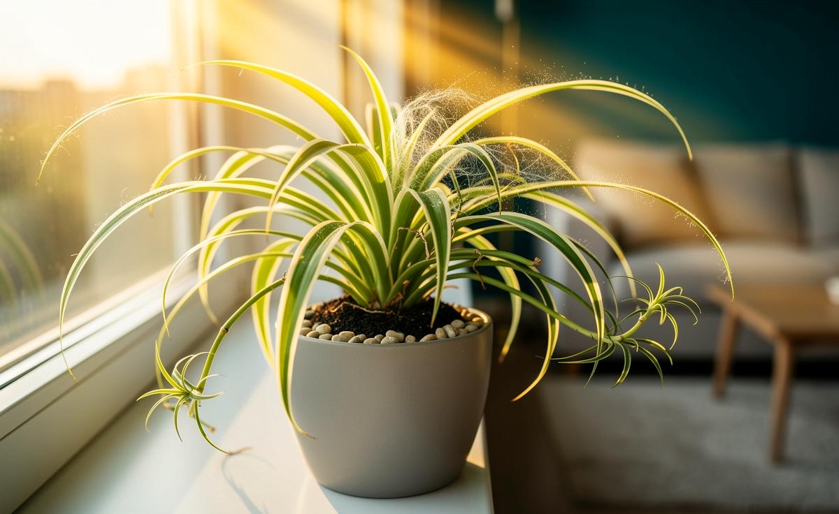 Illustration von einer Grünlilie (Chlorophytum comosum) in Innenräumen, die die Luftqualität durch Reduktion von VOCs und Feinstaub verbessert