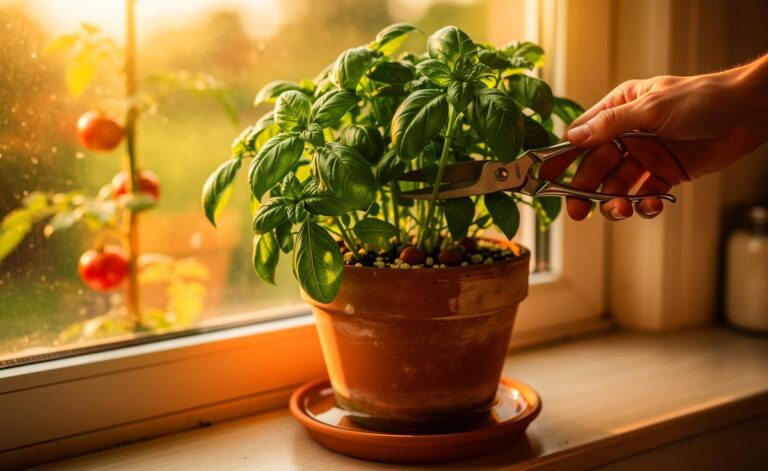 Illustration von üppig wachsendem Basilikum im Topf auf einem sonnigen Fensterbrett, gepflegt durch Schnitt über Knoten und Gießen von unten