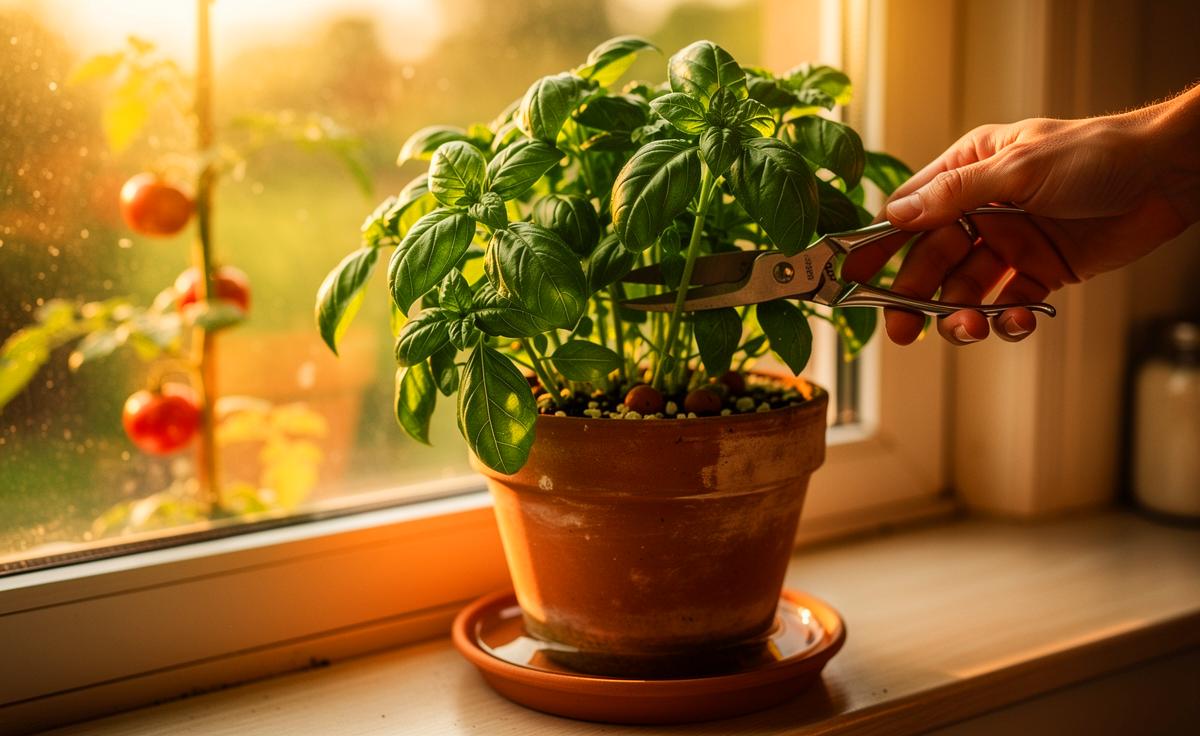 Illustration von üppig wachsendem Basilikum im Topf auf einem sonnigen Fensterbrett, gepflegt durch Schnitt über Knoten und Gießen von unten