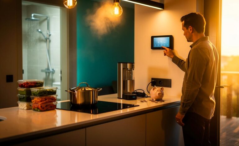 Illustration von Haushaltstipps zum mühelosen Geldsparen mit LED-Licht, Duschsparkopf, Essensplanung und Vertragscheck