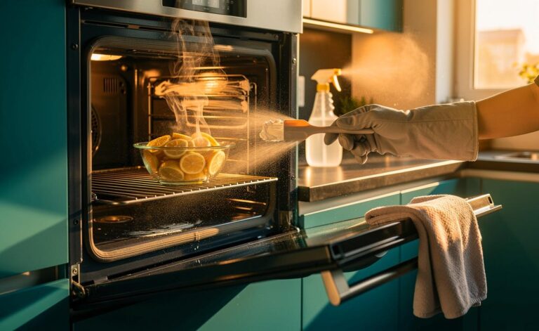 Illustration von der Reinigung eines Backofens mit Dampf, Natron-Paste und Essig, begleitet von Mikrofaser-Tuch und Zitronenwasser-Schale, für eine strahlend saubere Küche