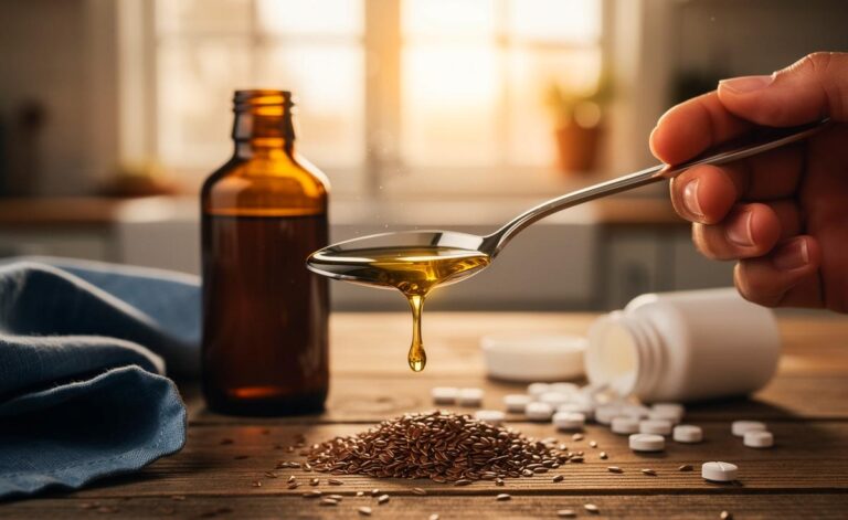 Illustration von einem Teelöffel kaltgepresstem Leinöl am Morgen zur Förderung der Gelenkgesundheit neben Tabletten