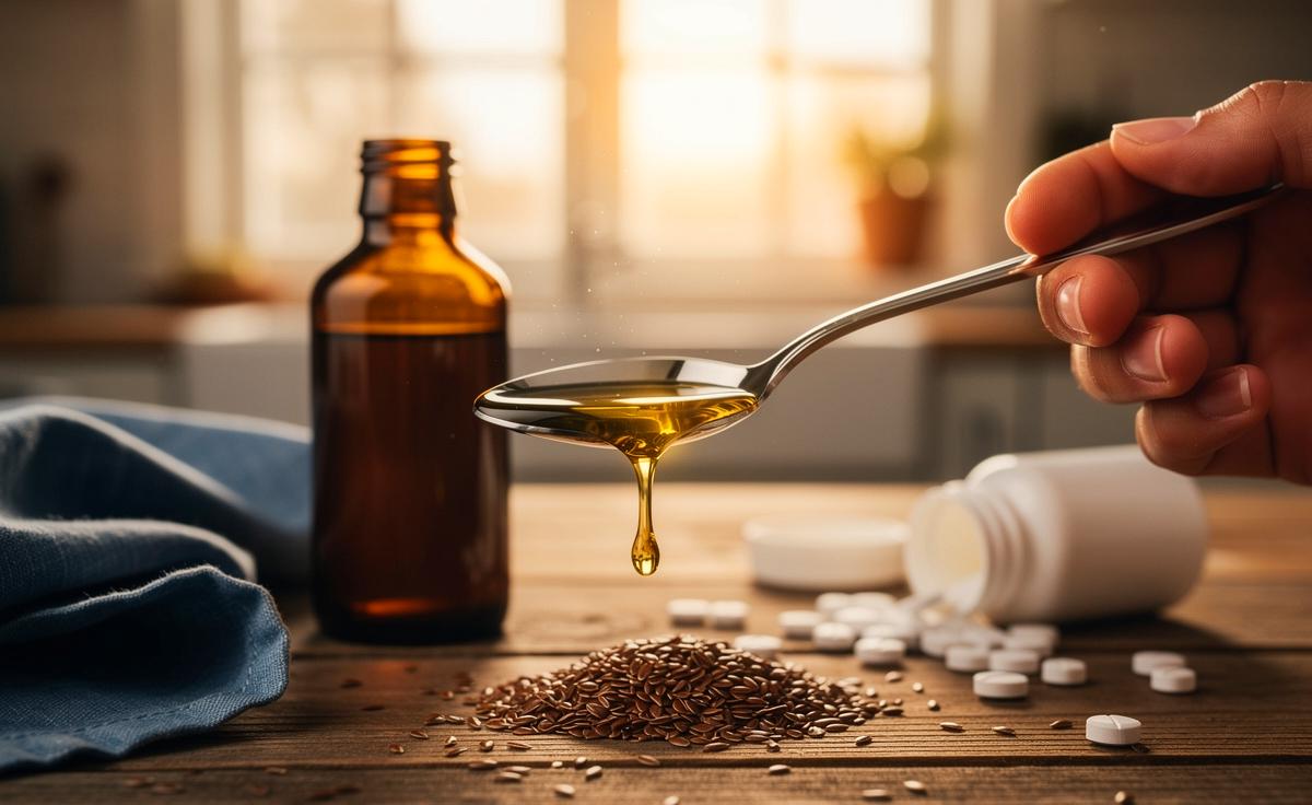 Illustration von einem Teelöffel kaltgepresstem Leinöl am Morgen zur Förderung der Gelenkgesundheit neben Tabletten