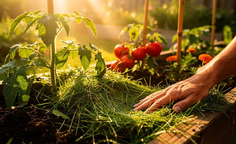 Illustration von natürlichem Mulch aus Grasschnitt auf einem Gemüsebeet
