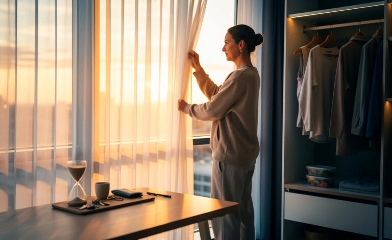 Illustration von drei wissenschaftlich belegten Gewohnheiten, die den Alltag schnell erleichtern: Entscheidungen bündeln, Zwei-Minuten-Regel, Morgenlicht und stabiles Schlaffenster