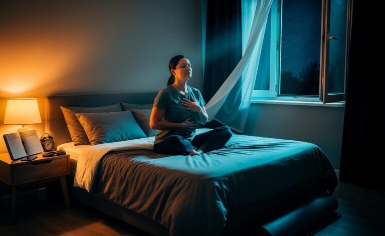 Illustration von einer 10‑minütigen, wissenschaftlich fundierten Schlafroutine mit Atmung, Gedankenprotokoll, gedimmtem Licht und sanfter Dehnung